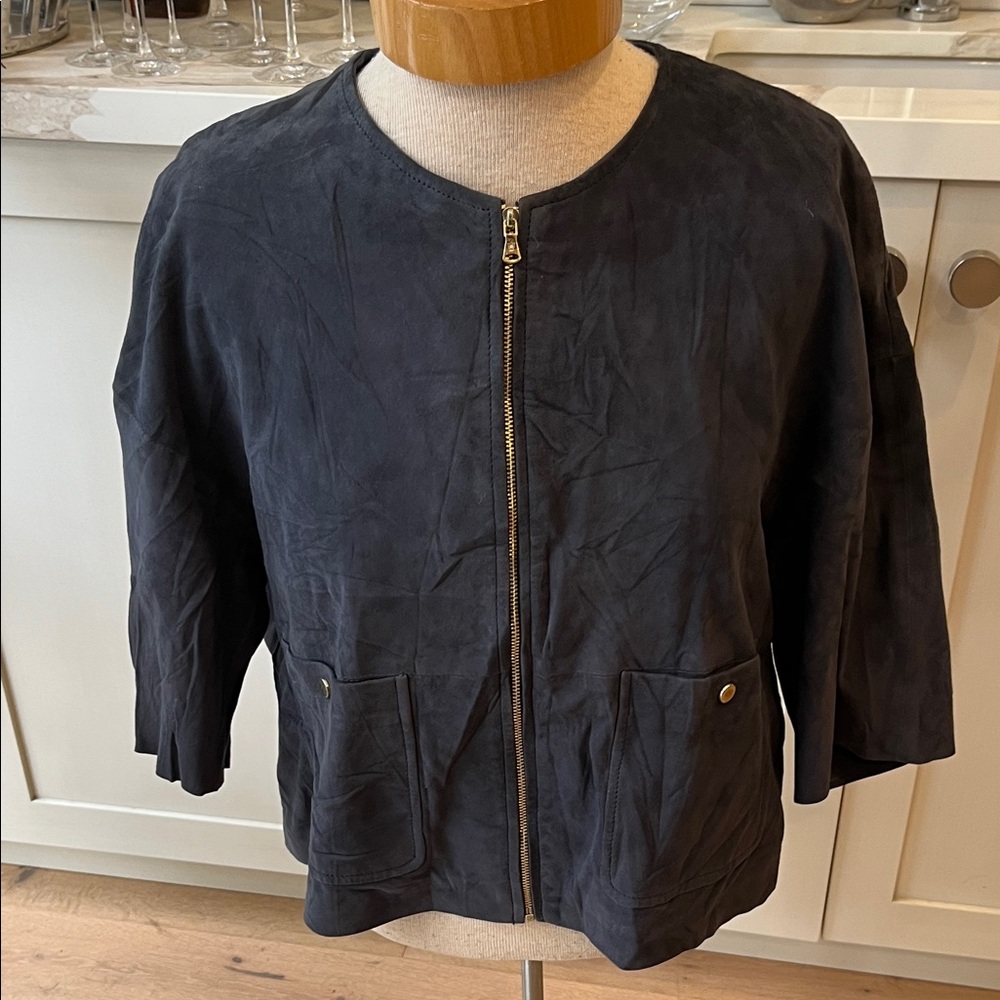 Women's Massimo Dutti denim blue super soft suede leather trim zip front Jacket